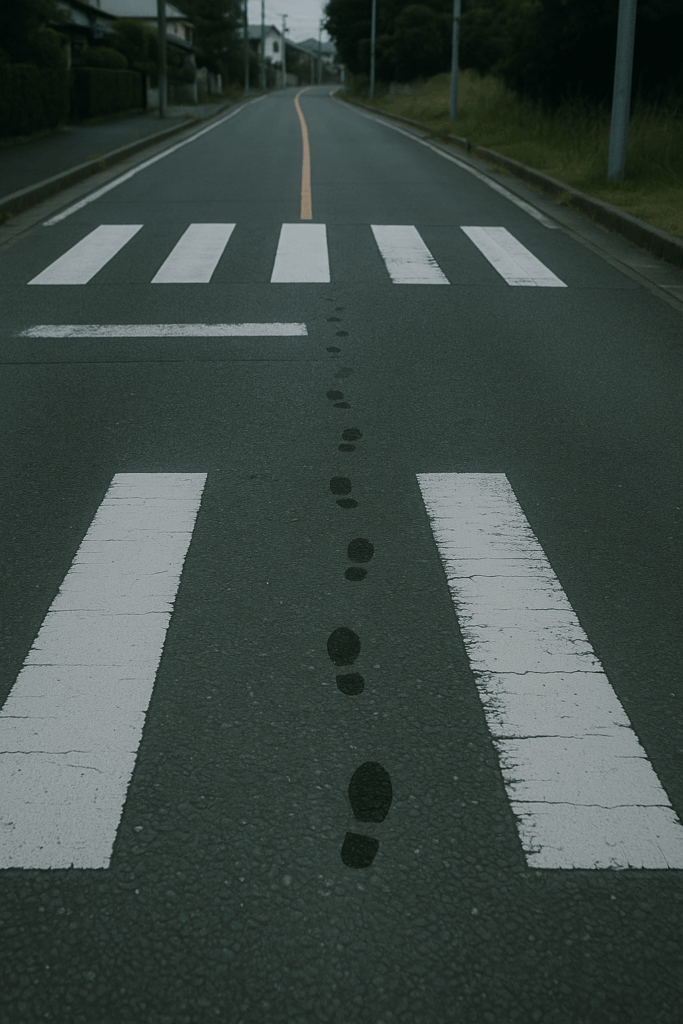 靴跡だけが続く道路に、誰もいない構図