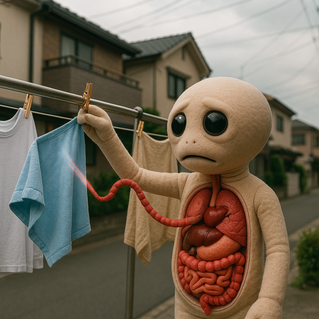小腸を物干しに巻き込んで洗濯を干すパペット